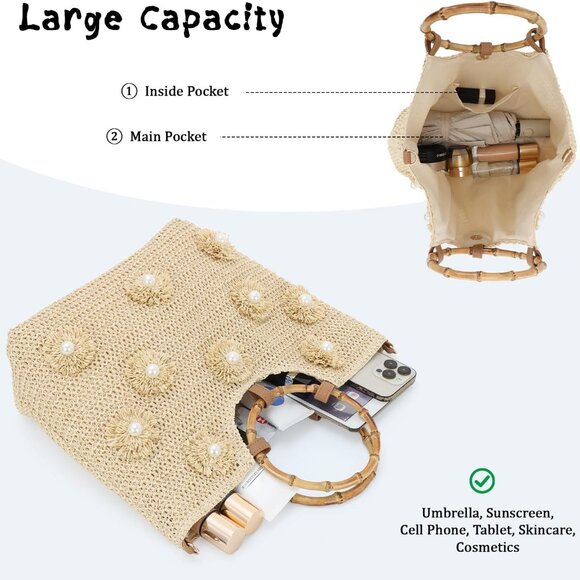 Straw Tote Bag Women Summer Beach Handbag with Pearls and Adjustable Strap - Picture 6 of 7